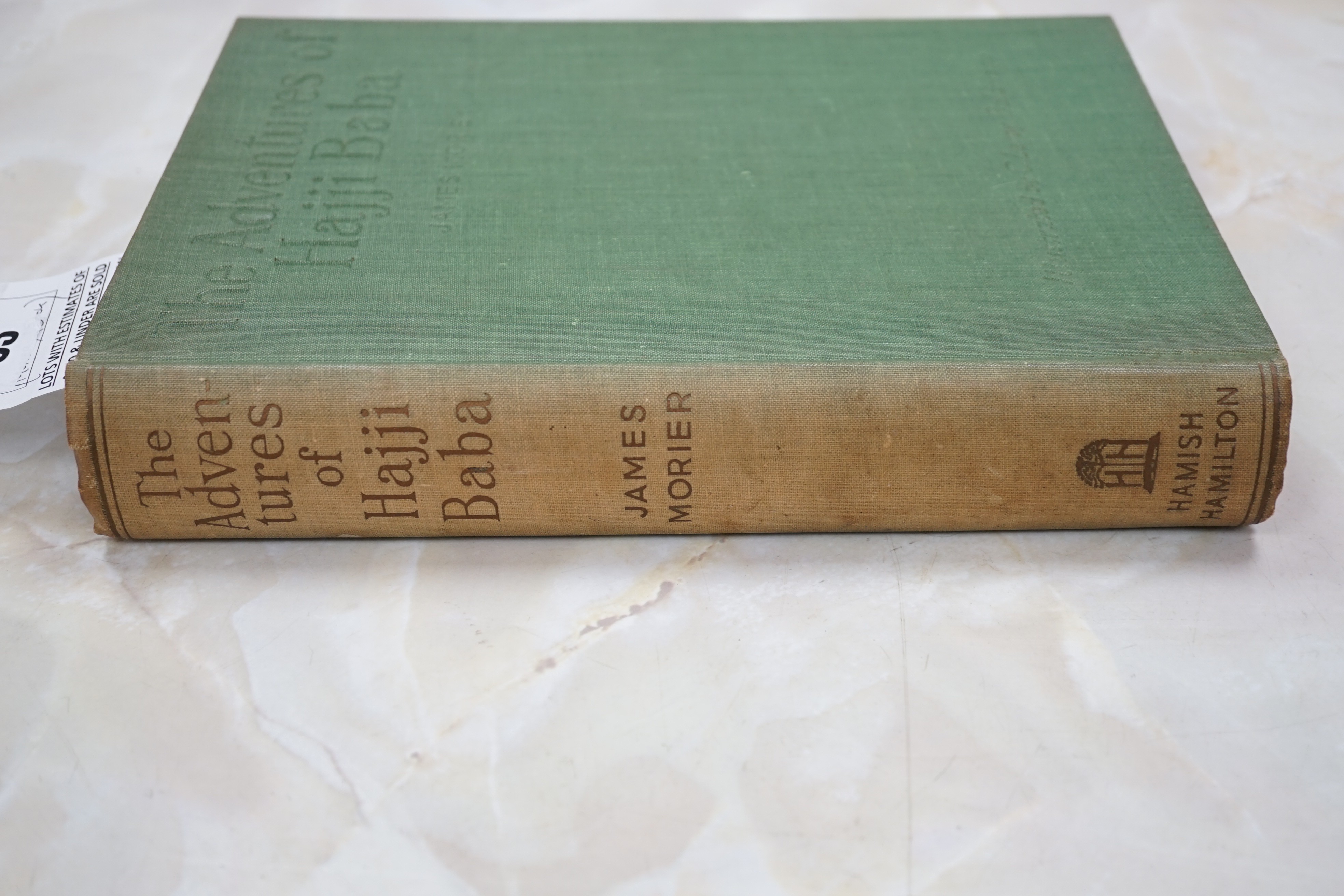 Morier, James - The Adventures of Hajii Baba of Ispahan. coloured decorated title, d-p- coloured pictorial map, 10 coloured plates (by Cyrus LeRoy Baldridge) and other illus.; original blind-lettered green cloth. 1937